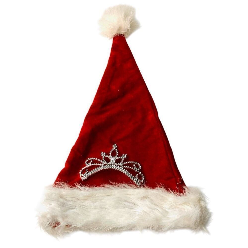 Red Santa Hat with Rhinestone Crown Tiara – Adult Size Holiday Christmas Hat, OS
